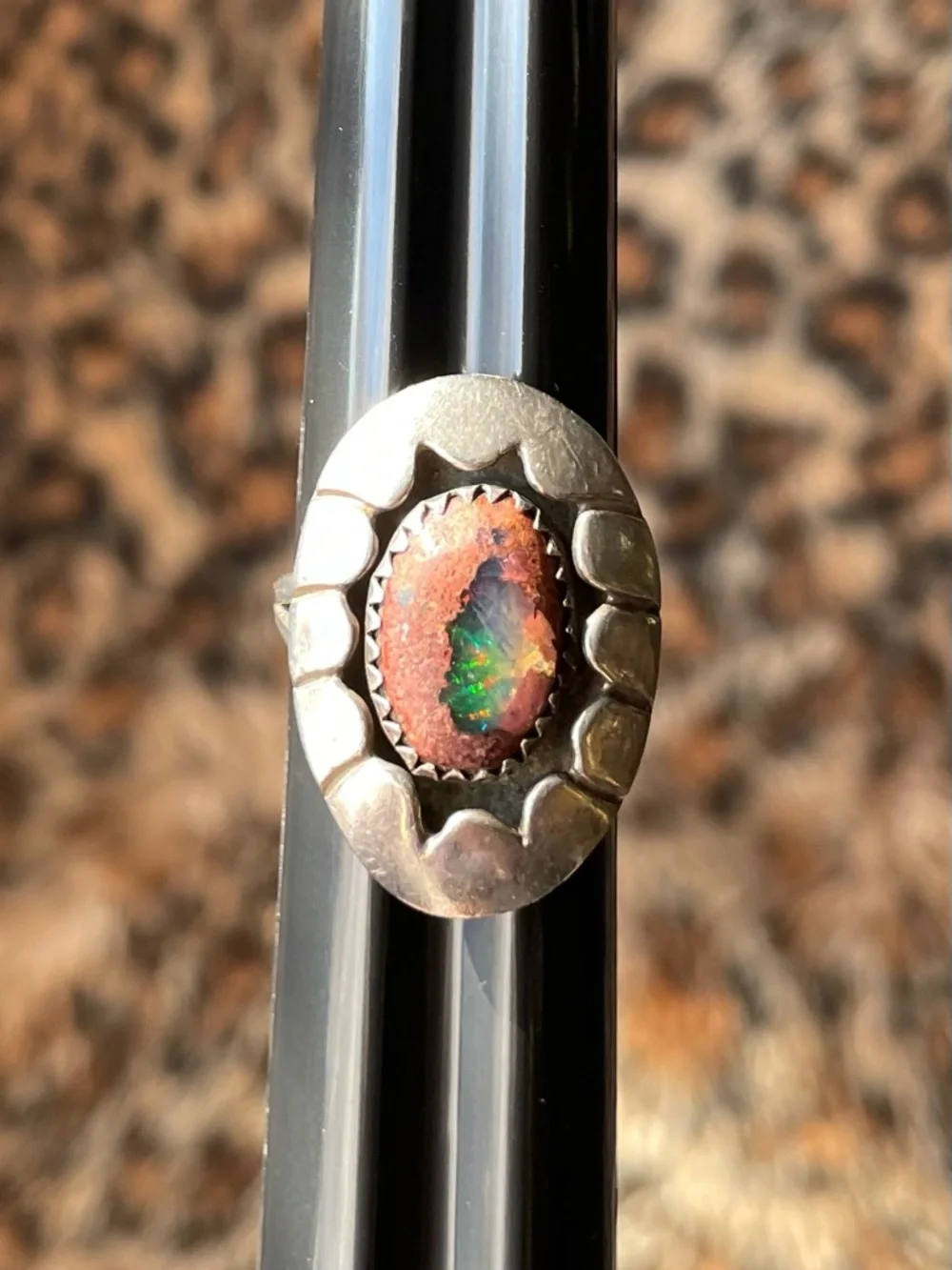 Mexican Cantera Opal Sterling Silver Vintage Handmade Concho Shadowbox Ring - Picture 6 of 10